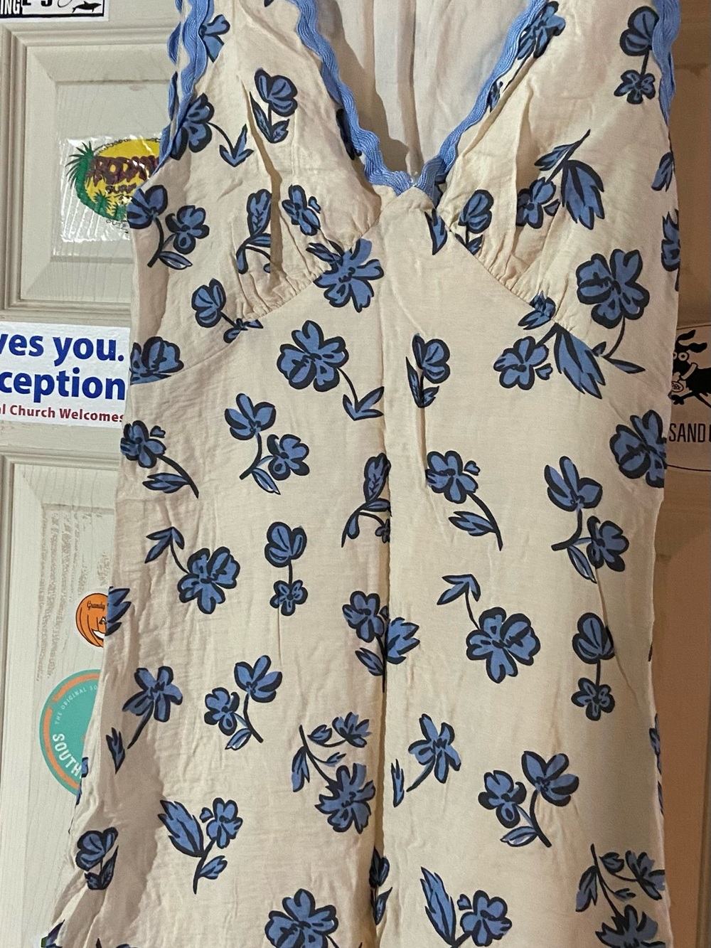 Cream Floral V-Neck Camisole Dress with Blue Flowers